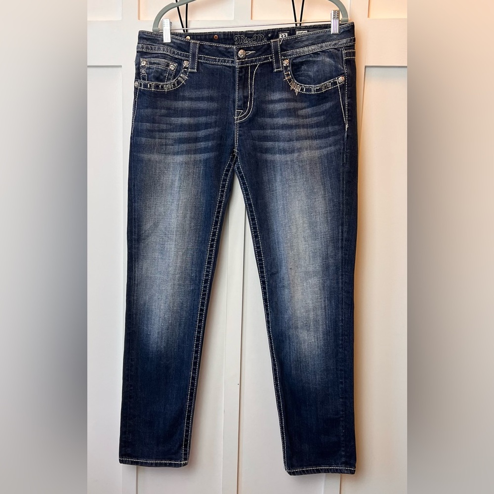 Miss Me Womens Skinny Jeans Size 33 Mid Rise Rhinestone Bling Medium Blue Wash